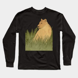 Watercolor Lioness Sitting in Tall Grass Long Sleeve T-Shirt